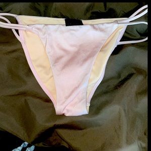 Pink blush shiny/sheer bikini bottom skinny side straps- almost pearly toned